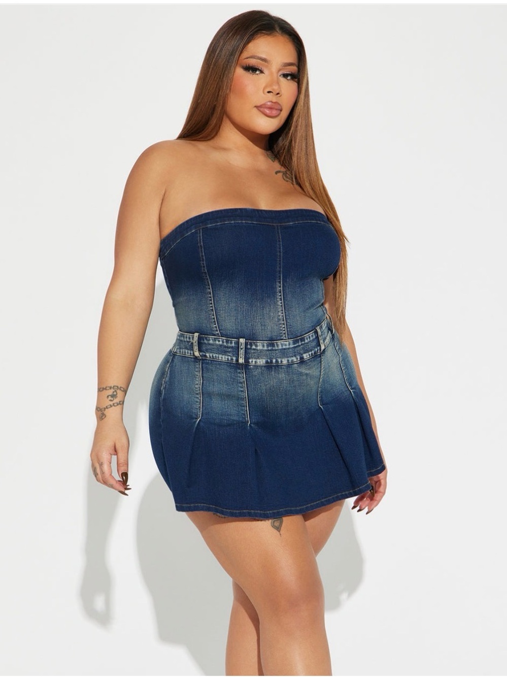 Fashion Nova Strapless Ombre Denim Mini Dress in Dark Blue